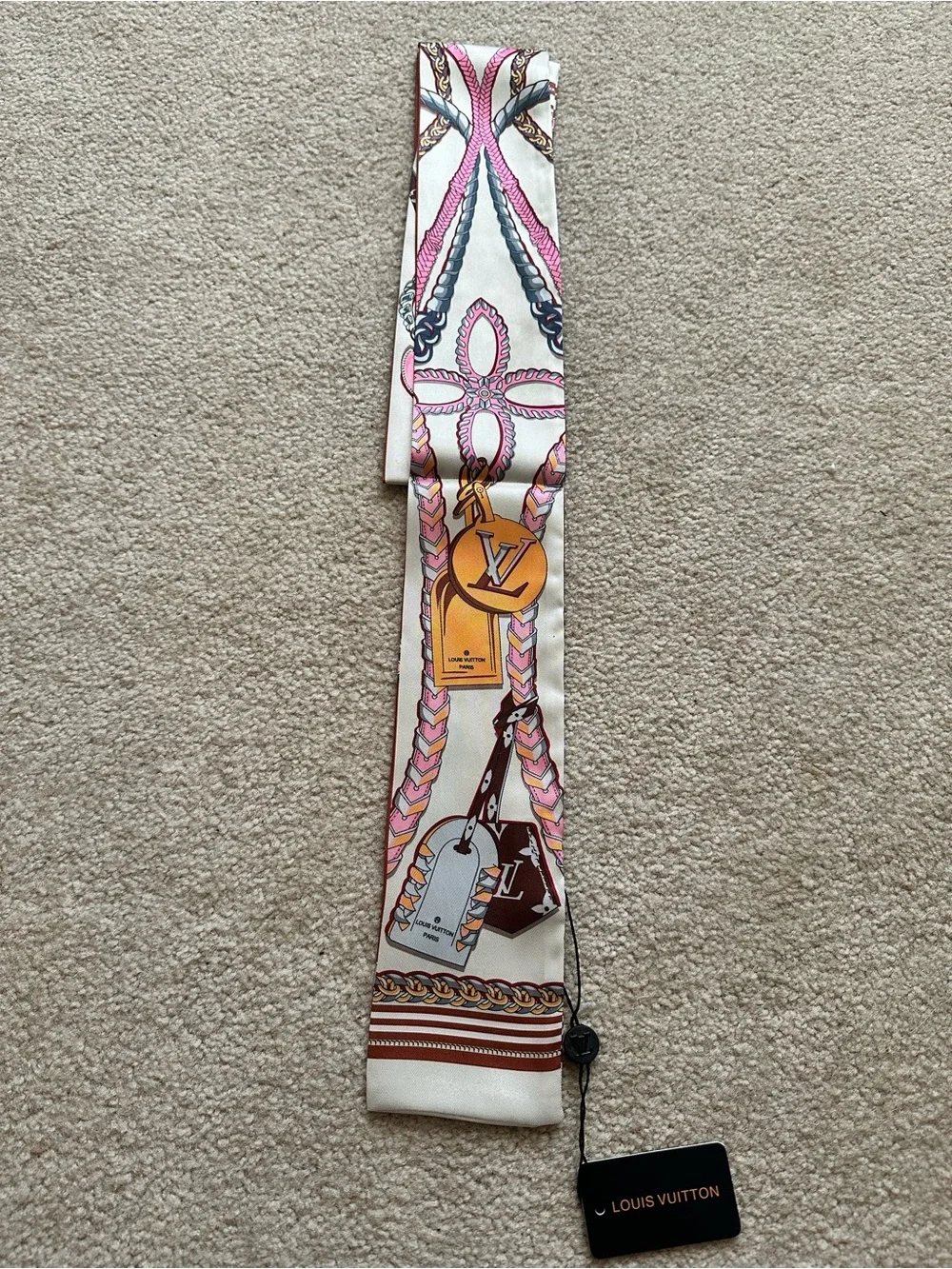 Louis Vuitton Brown & Pink Monogram Silk Twilly with Tassel Motifs